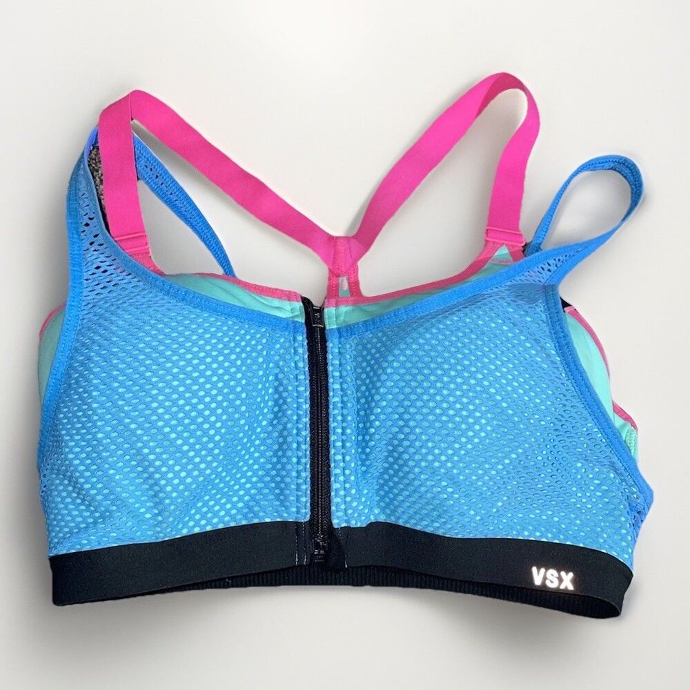 VSX Victoria’s Secret Sport Front-Zip Sports Bra - 34DD Blue Mesh Racerback